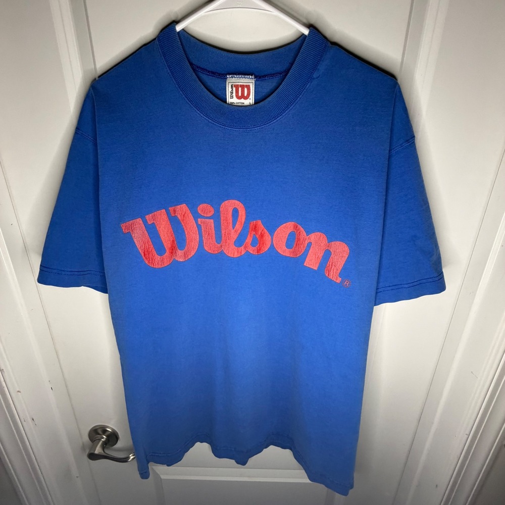 Vintage 90's‎ Wilson Sporting Goods Blue Red Logo Cotton T-Shirt Sz Mens Large